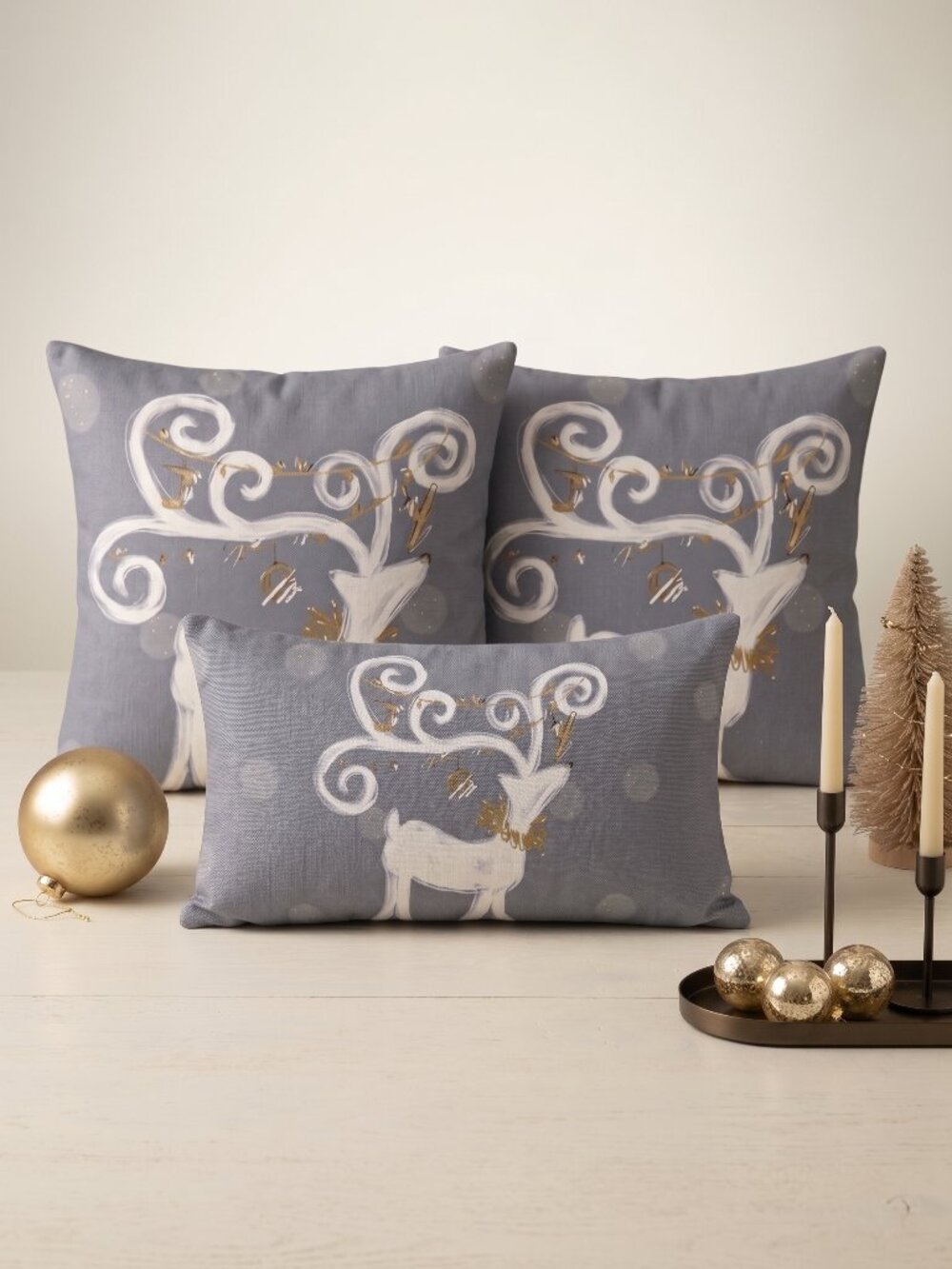 Christmas Throw Pillow Cover Set of 3 Whimsical Reindeer Gray Gold 18x18 Lumbar